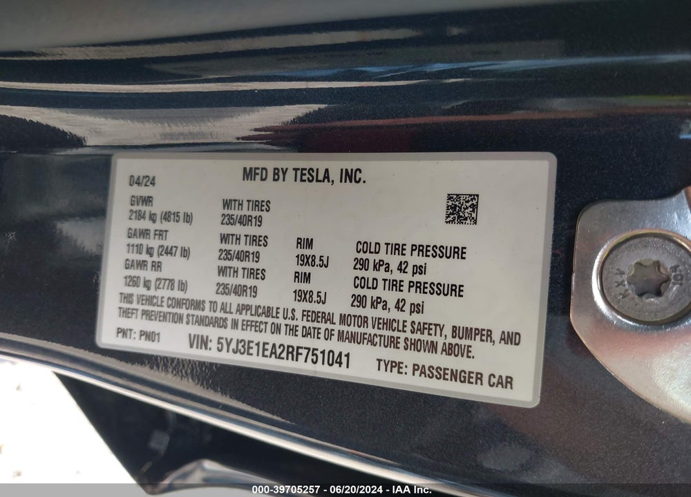 2024 TESLA MODEL 3 REAR-WHEEL DRIVE VIN: 5YJ3E1EA2RF751041