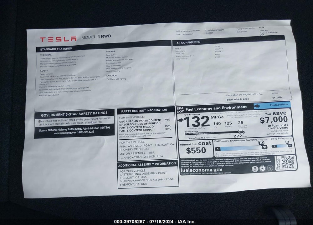 2024 TESLA MODEL 3 REAR-WHEEL DRIVE VIN: 5YJ3E1EA2RF751041