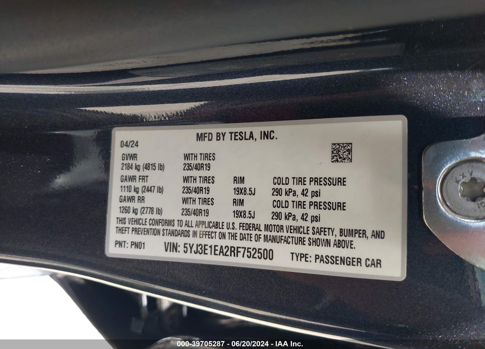2024 TESLA MODEL 3 REAR-WHEEL DRIVE VIN: 5YJ3E1EA2RF752500