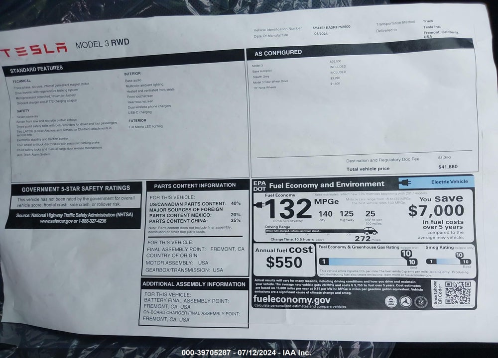 2024 TESLA MODEL 3 REAR-WHEEL DRIVE VIN: 5YJ3E1EA2RF752500