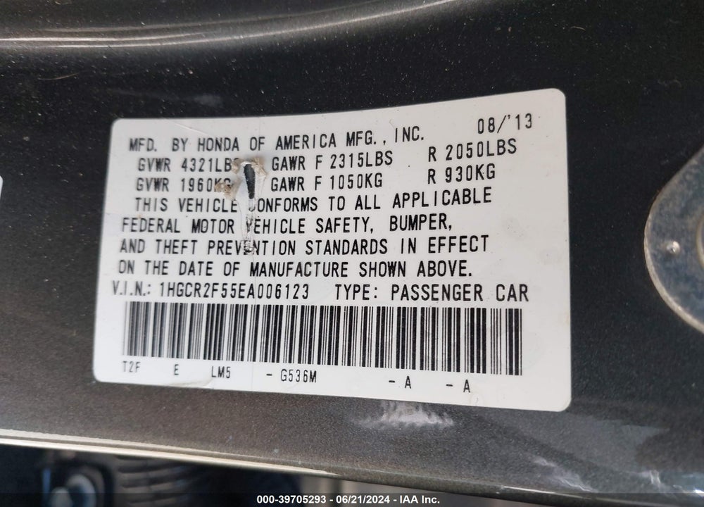 2014 HONDA ACCORD SPORT VIN: 1HGCR2F55EA006123