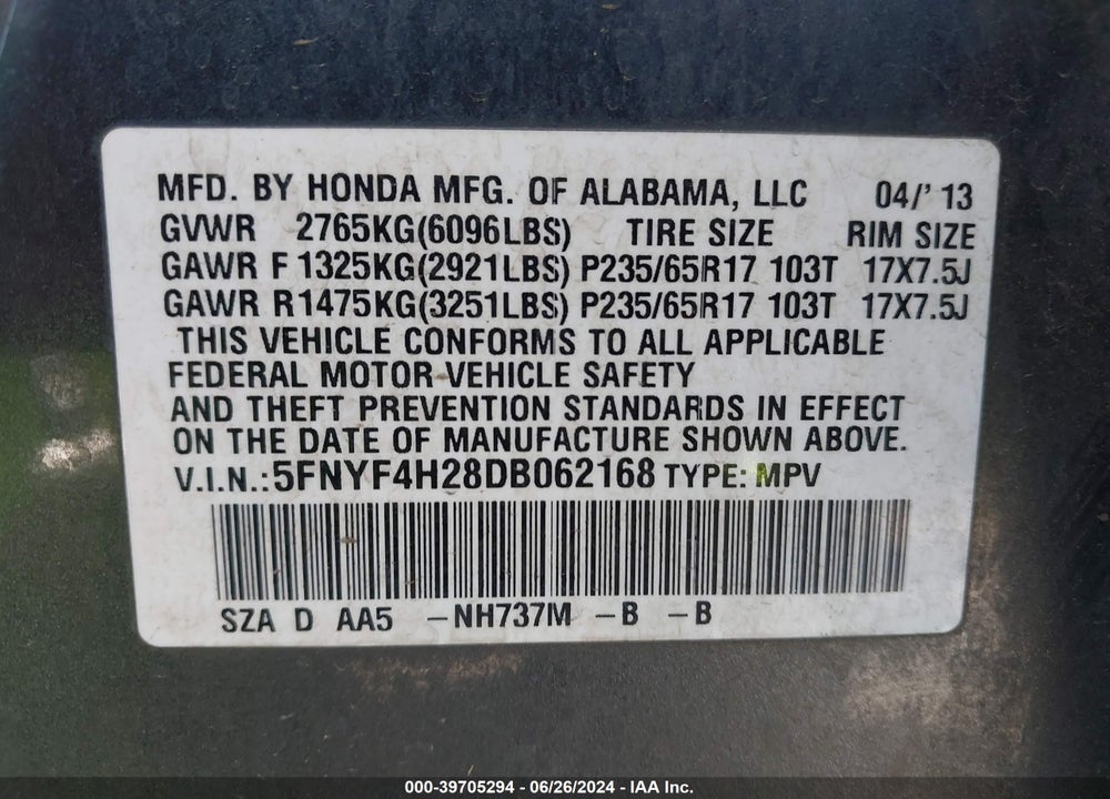 2013 HONDA PILOT LX VIN: 5FNYF4H28DB062168