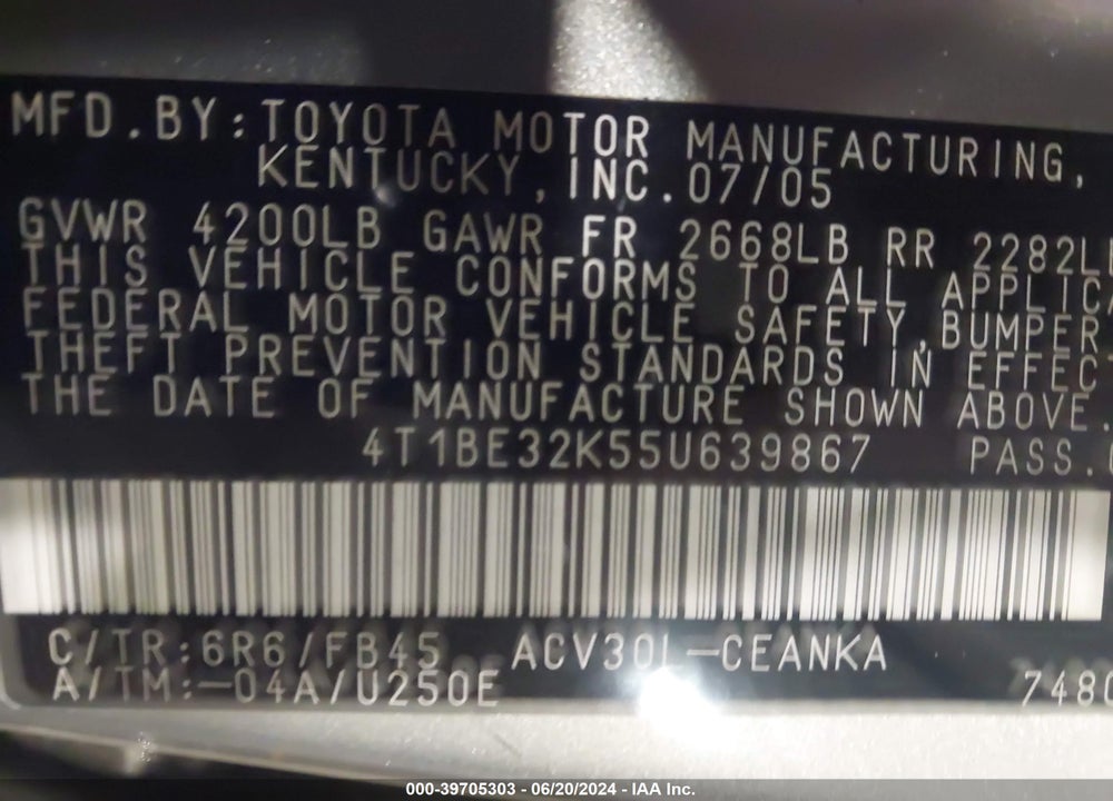 2005 TOYOTA CAMRY LE VIN: 4T1BE32K55U639867