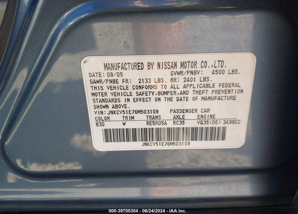 2006 INFINITI G35 VIN: JNKCV51E76M503109