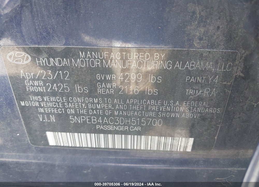 2013 HYUNDAI SONATA GLS VIN: 5NPEB4AC3DH515700
