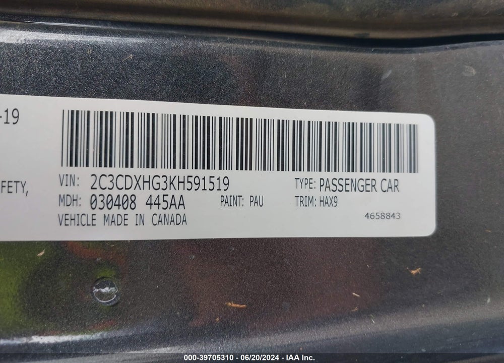 2019 DODGE CHARGER GT RWD VIN: 2C3CDXHG3KH591519