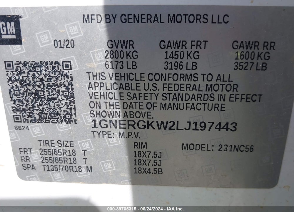 2020 CHEVROLET TRAVERSE FWD LT CLOTH VIN: 1GNERGKW2LJ197443