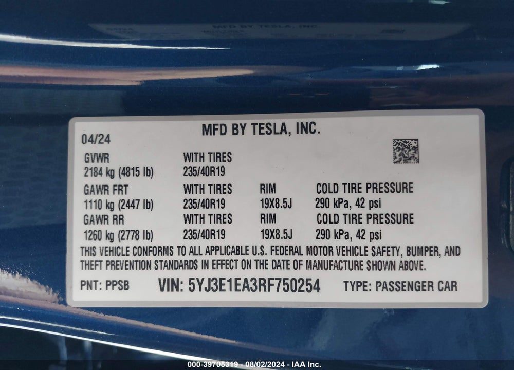 2024 TESLA MODEL 3 REAR-WHEEL DRIVE VIN: 5YJ3E1EA3RF750254