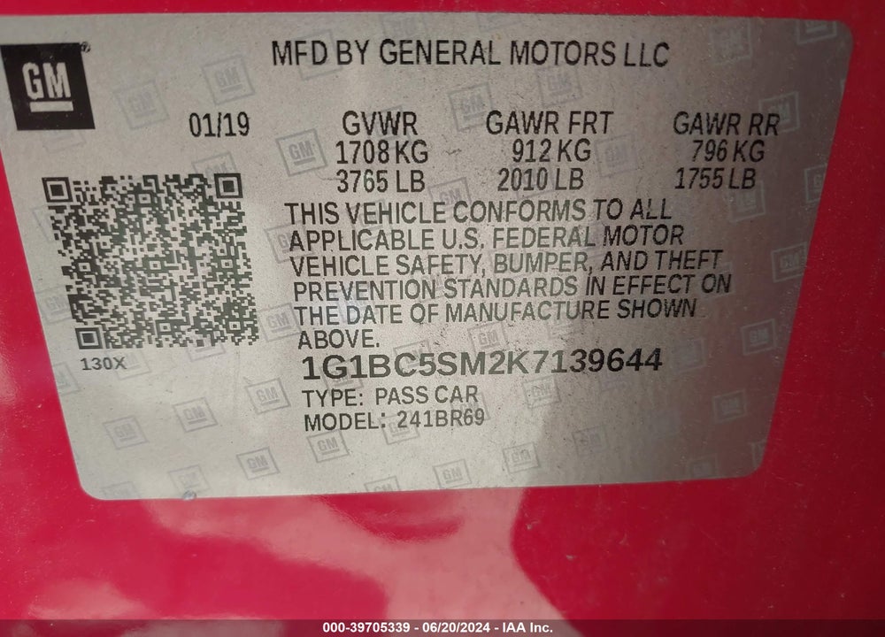 2019 CHEVROLET CRUZE LS VIN: 1G1BC5SM2K7139644