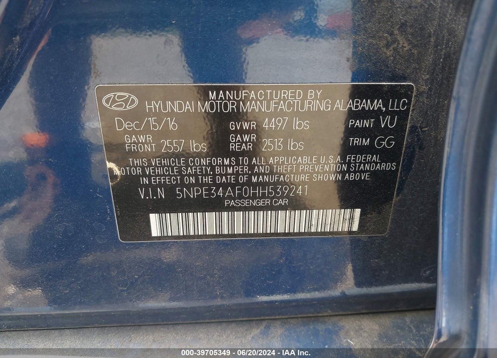 2017 HYUNDAI SONATA LIMITED VIN: 5NPE34AF0HH539241