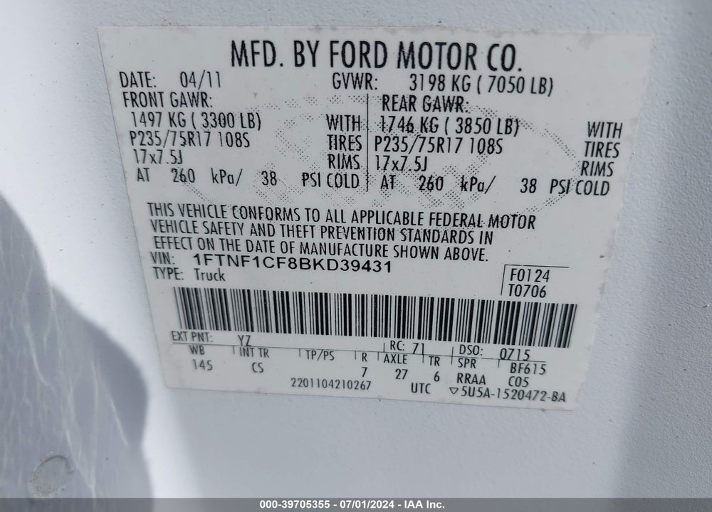 2011 FORD F-150 XL VIN: 1FTNF1CF8BKD39431