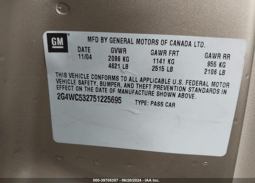 2005 BUICK LACROSSE CX VIN: 2G4WC532751225695