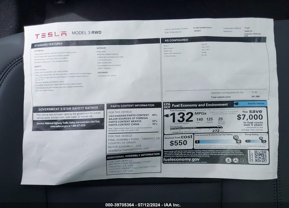 2024 TESLA MODEL 3 REAR-WHEEL DRIVE VIN: 5YJ3E1EA4RF752370