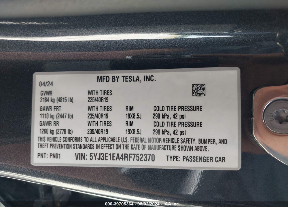 2024 TESLA MODEL 3 REAR-WHEEL DRIVE VIN: 5YJ3E1EA4RF752370