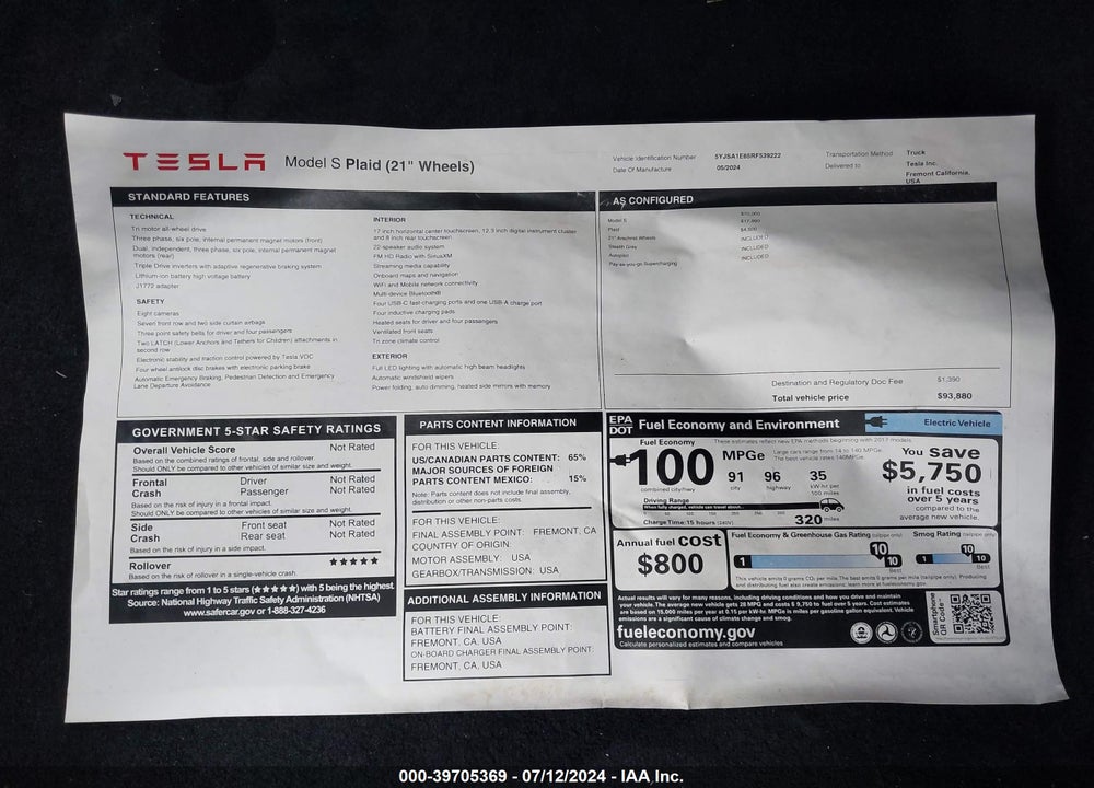 2024 TESLA MODEL S PLAID TRI MOTOR ALL-WHEEL DRIVE VIN: 5YJSA1E65RF539222