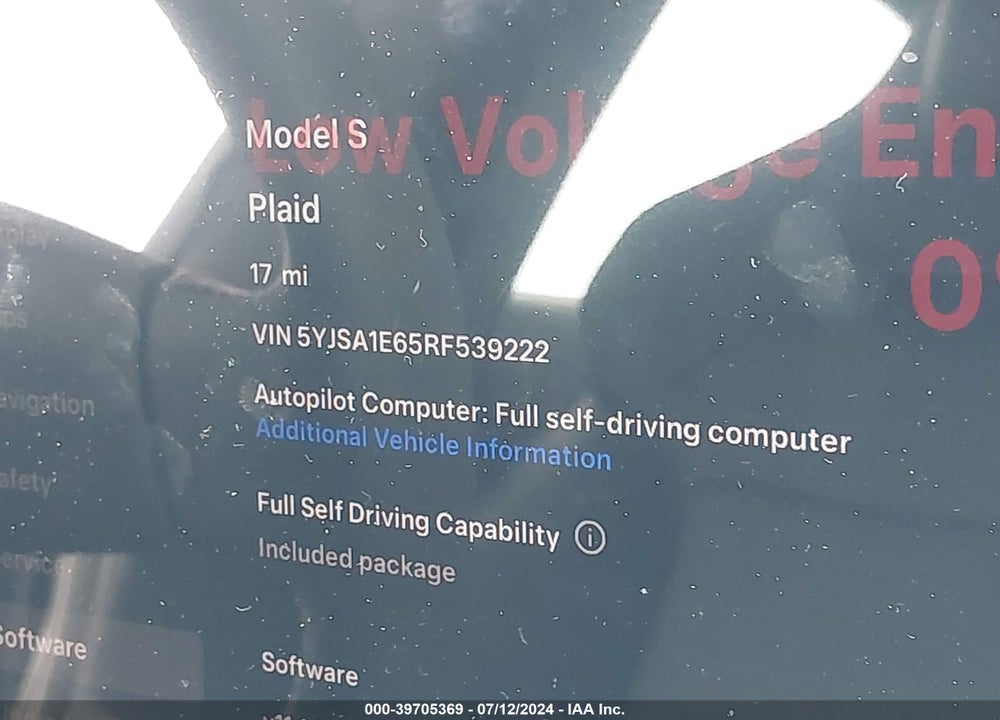2024 TESLA MODEL S PLAID TRI MOTOR ALL-WHEEL DRIVE VIN: 5YJSA1E65RF539222