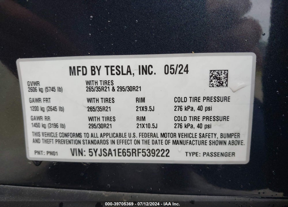 2024 TESLA MODEL S PLAID TRI MOTOR ALL-WHEEL DRIVE VIN: 5YJSA1E65RF539222