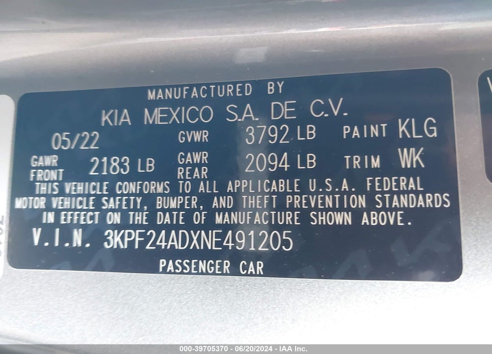 2022 KIA FORTE LXS VIN: 3KPF24ADXNE491205