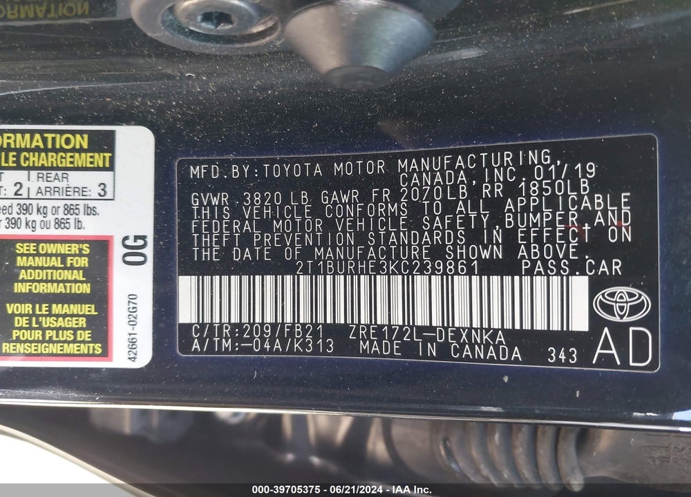 2019 TOYOTA COROLLA LE VIN: 2T1BURHE3KC239861