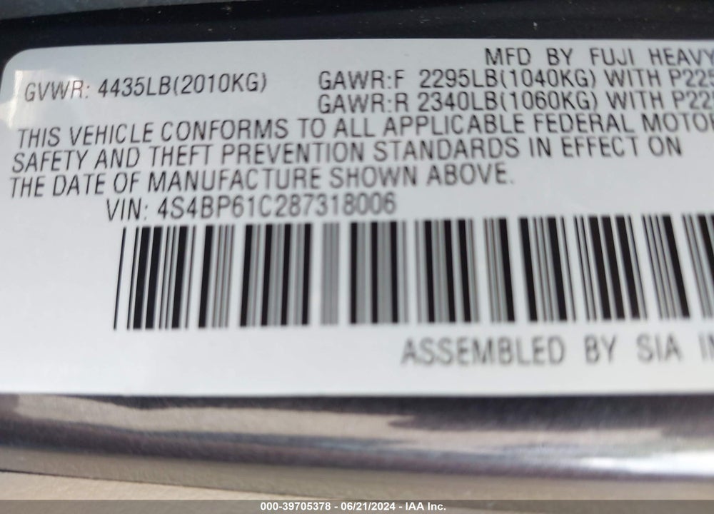 2008 SUBARU OUTBACK 2.5I/2.5I L.L. BEAN EDITION VIN: 4S4BP61C287318006