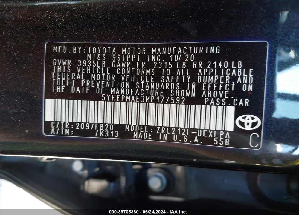 2021 TOYOTA COROLLA LE VIN: 5YFEPMAE3MP177592