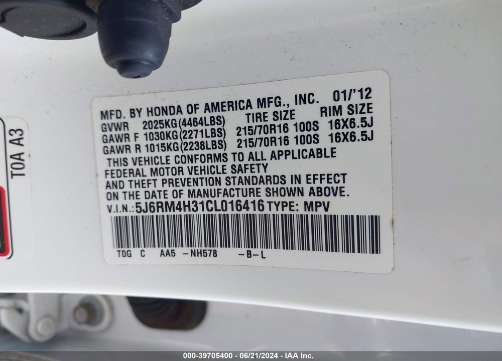 2012 HONDA CR-V LX VIN: 5J6RM4H31CL016416
