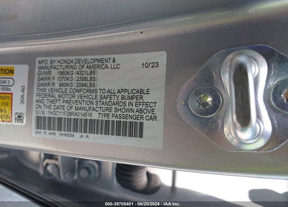 2024 HONDA ACCORD LX VIN: 1HGCY1F28RA014516