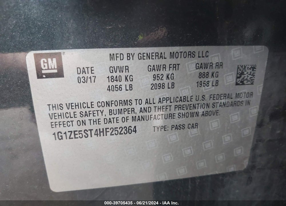 2017 CHEVROLET MALIBU 1LT VIN: 1G1ZE5ST4HF252364
