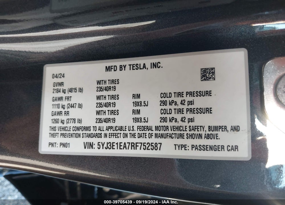 2024 TESLA MODEL 3 REAR-WHEEL DRIVE VIN: 5YJ3E1EA7RF752587