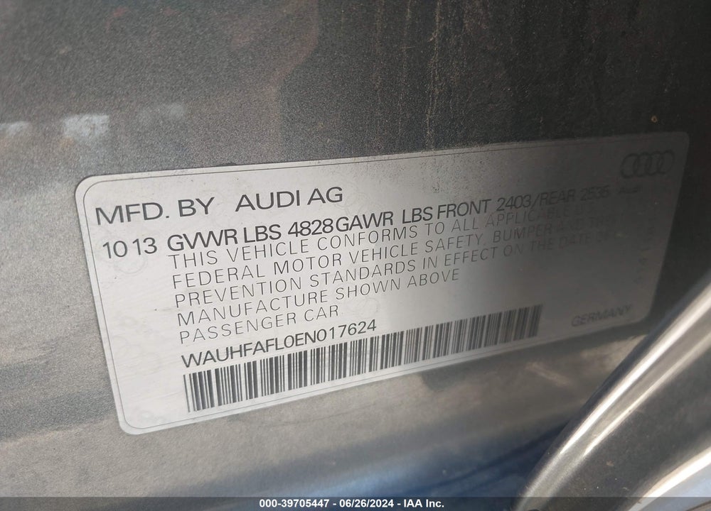 2014 AUDI A4 2.0T PREMIUM VIN: WAUHFAFL0EN017624