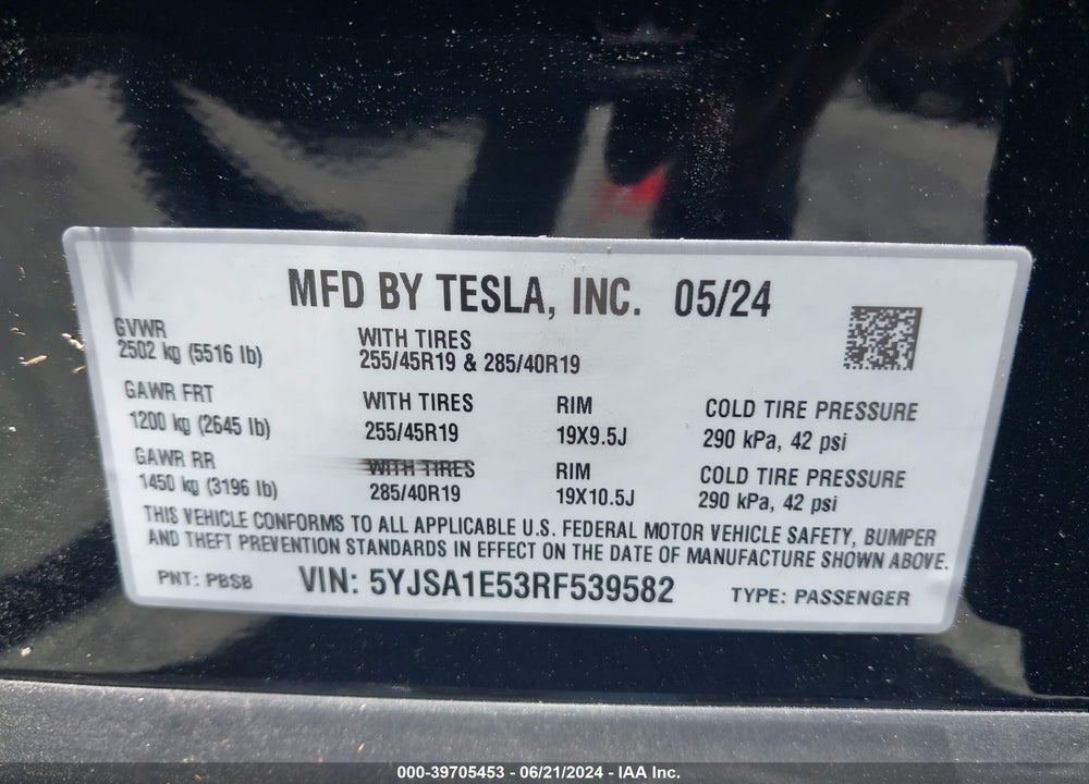 2024 TESLA MODEL S LONG RANGE VIN: 5YJSA1E53RF539582