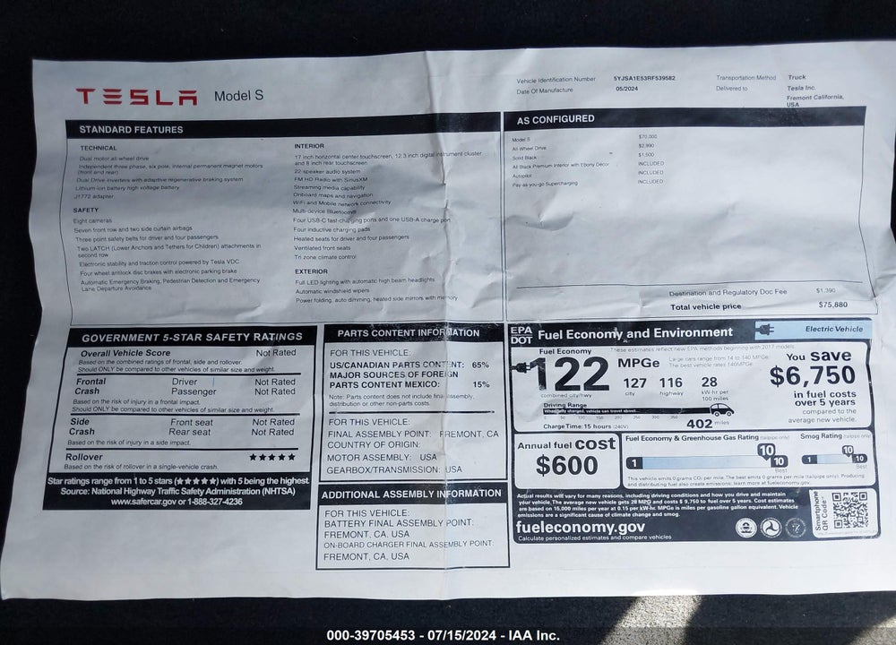2024 TESLA MODEL S LONG RANGE VIN: 5YJSA1E53RF539582