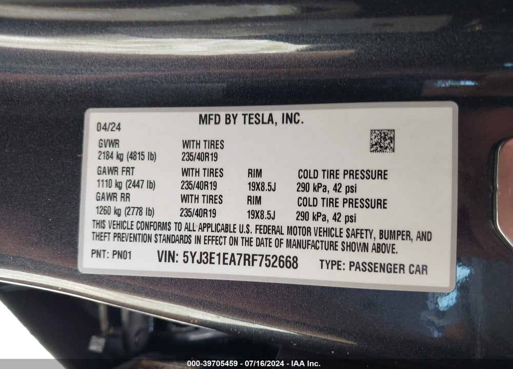 2024 TESLA MODEL 3 REAR-WHEEL DRIVE VIN: 5YJ3E1EA7RF752668