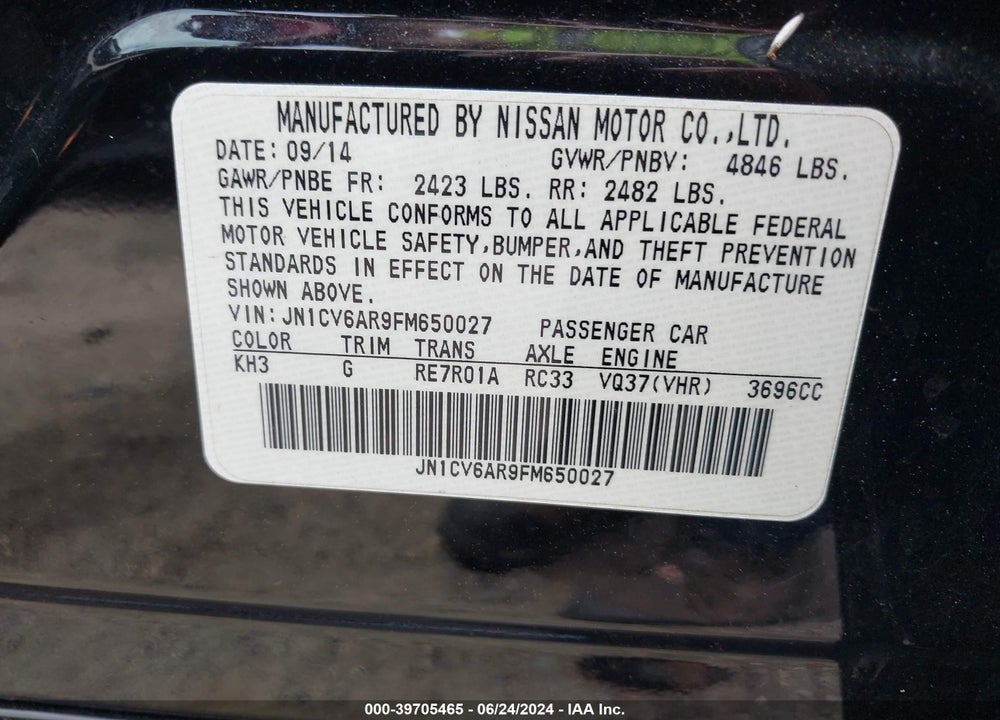 2015 INFINITI Q40 VIN: JN1CV6AR9FM650027