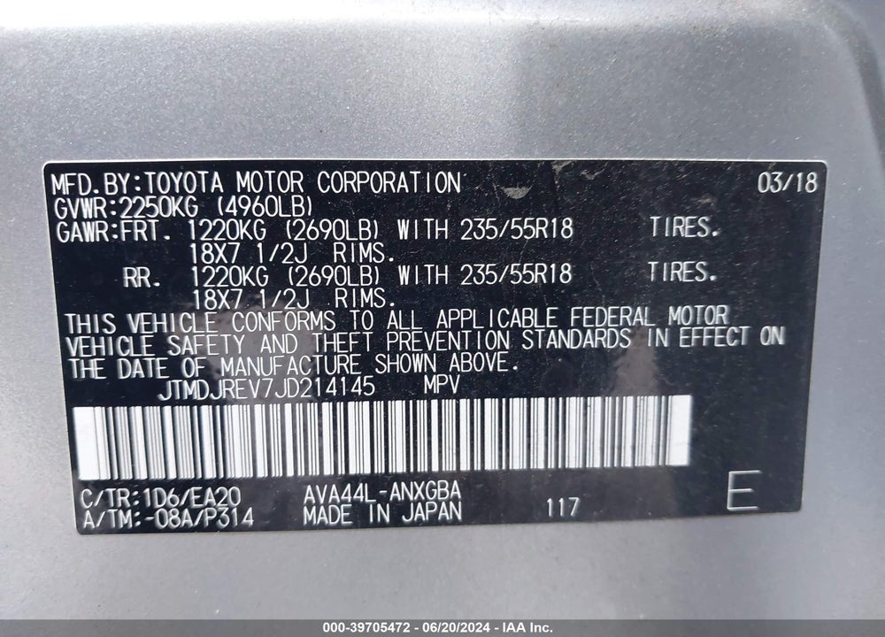 2018 TOYOTA RAV4 HYBRID LIMITED VIN: JTMDJREV7JD214145