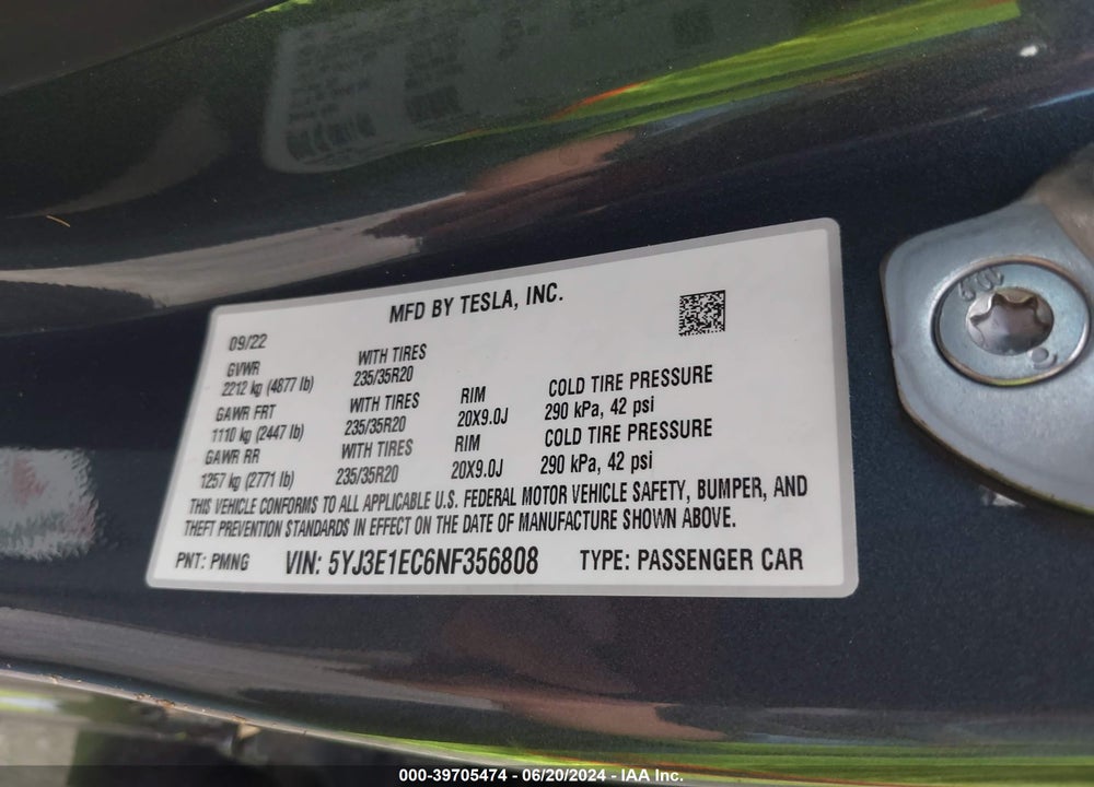 2022 TESLA MODEL 3 PERFORMANCE DUAL MOTOR ALL-WHEEL DRIVE VIN: 5YJ3E1EC6NF356808