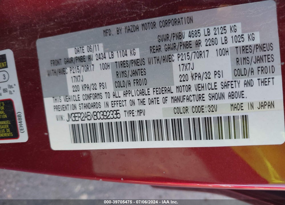 2011 MAZDA CX-7 I SV VIN: JM3ER2A5XB0392335