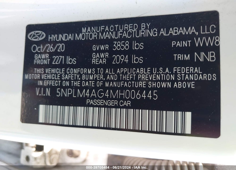 2021 HYUNDAI ELANTRA SEL VIN: 5NPLM4AG4MH006445