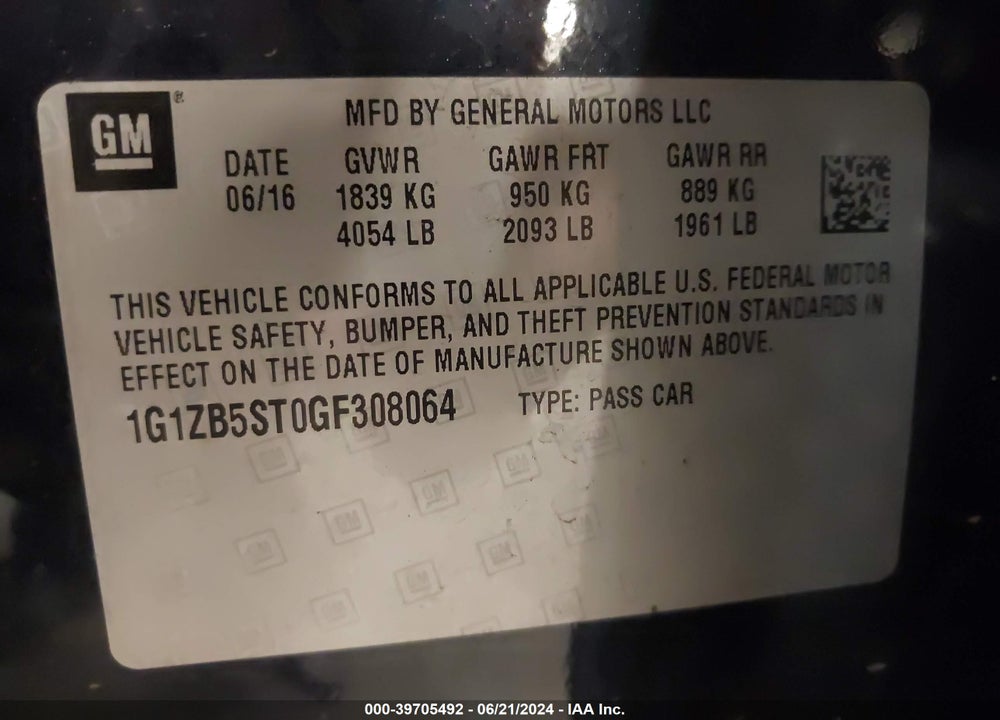 2016 CHEVROLET MALIBU LS VIN: 1G1ZB5ST0GF308064