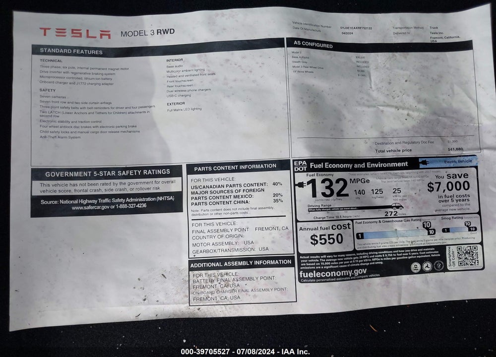 2024 TESLA MODEL 3 REAR-WHEEL DRIVE VIN: 5YJ3E1EAXRF752132