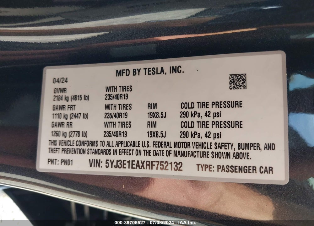 2024 TESLA MODEL 3 REAR-WHEEL DRIVE VIN: 5YJ3E1EAXRF752132