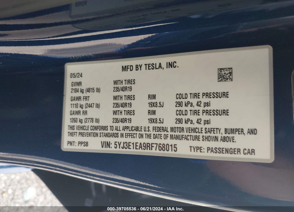 2024 TESLA MODEL 3 REAR-WHEEL DRIVE VIN: 5YJ3E1EA9RF768015