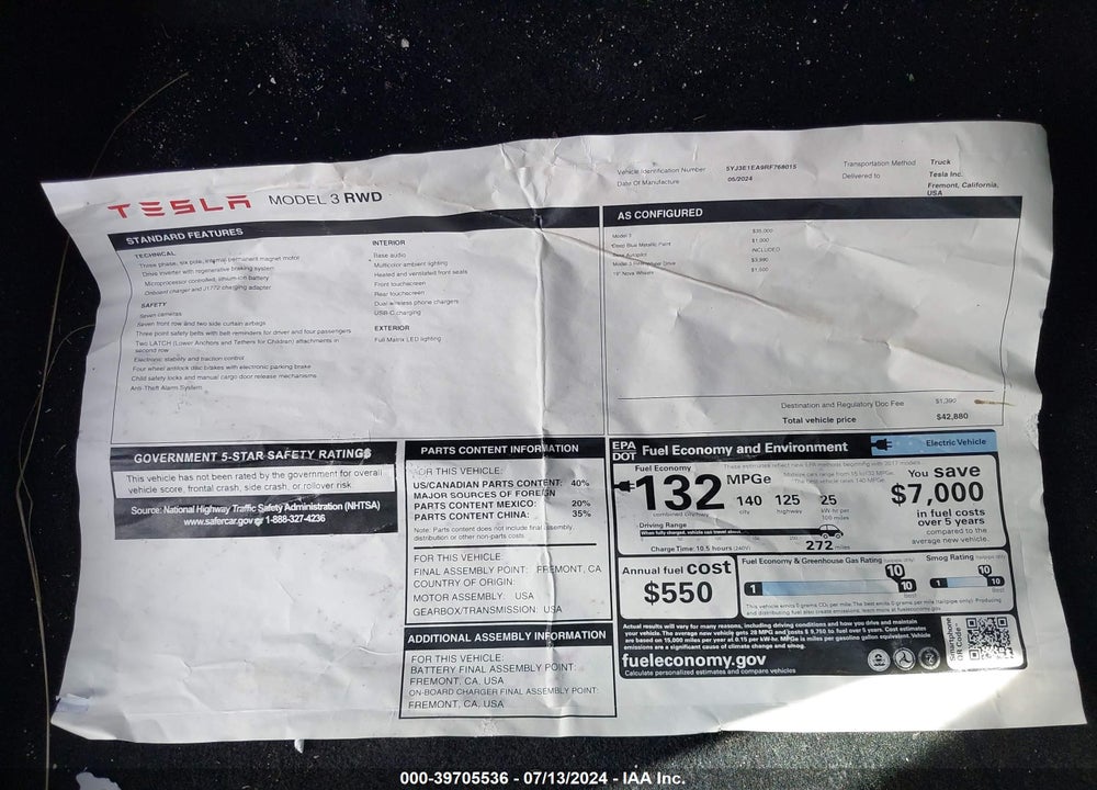 2024 TESLA MODEL 3 REAR-WHEEL DRIVE VIN: 5YJ3E1EA9RF768015