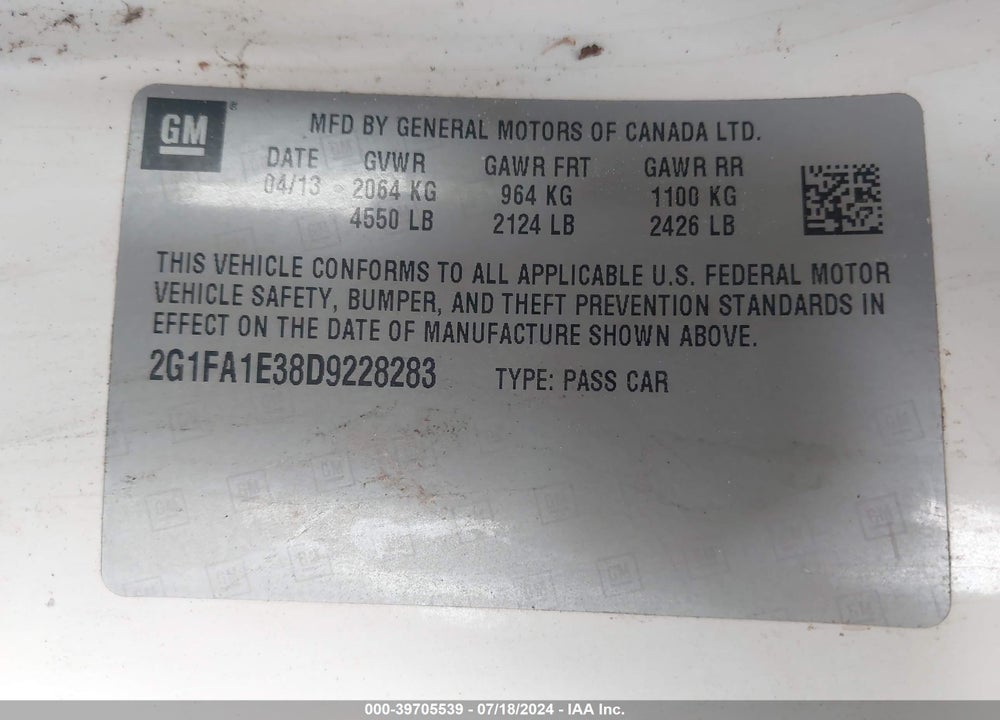 2013 CHEVROLET CAMARO 2LS VIN: 2G1FA1E38D9228283