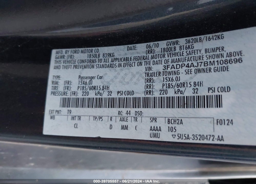 2011 FORD FIESTA S VIN: 3FADP4AJ7BM108696