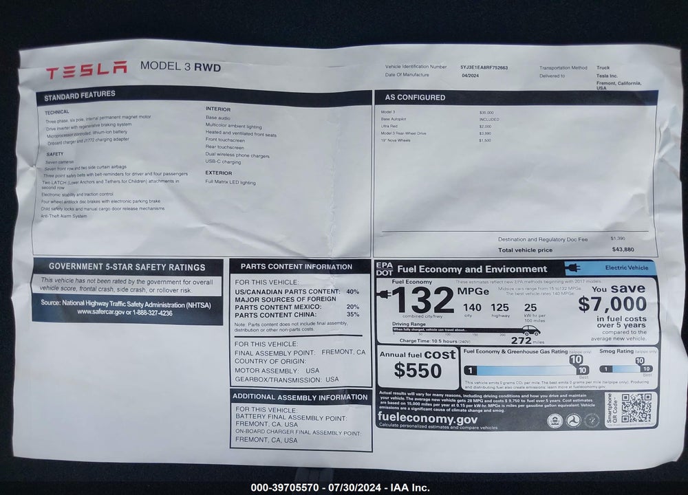 2024 TESLA MODEL 3 REAR-WHEEL DRIVE VIN: 5YJ3E1EA8RF752663