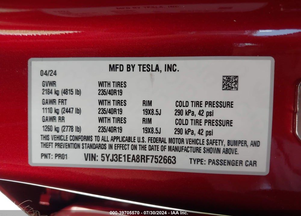 2024 TESLA MODEL 3 REAR-WHEEL DRIVE VIN: 5YJ3E1EA8RF752663