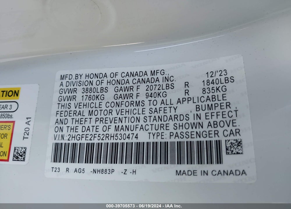2024 HONDA CIVIC SPORT VIN: 2HGFE2F52RH530474