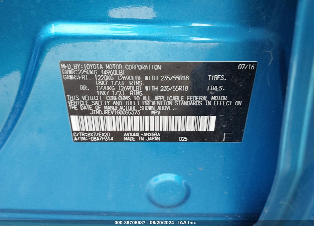 2016 TOYOTA RAV4 HYBRID LIMITED VIN: JTMDJREV1GD055373