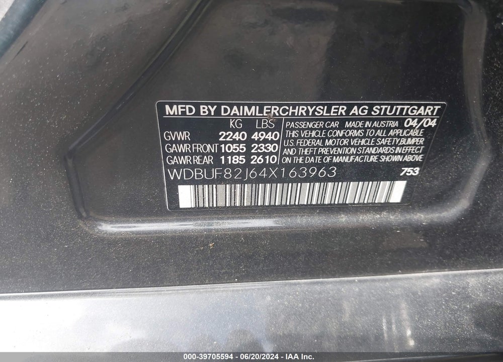 2004 MERCEDES-BENZ E 320 4MATIC VIN: WDBUF82J64X163963